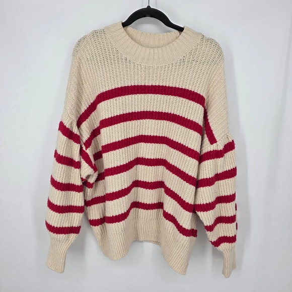 Old Navy Sweaters - Old Navy Womens 3X Striped Shaker-Stitch Balloon Sleeve Sweater‎ Cream Red Knit
